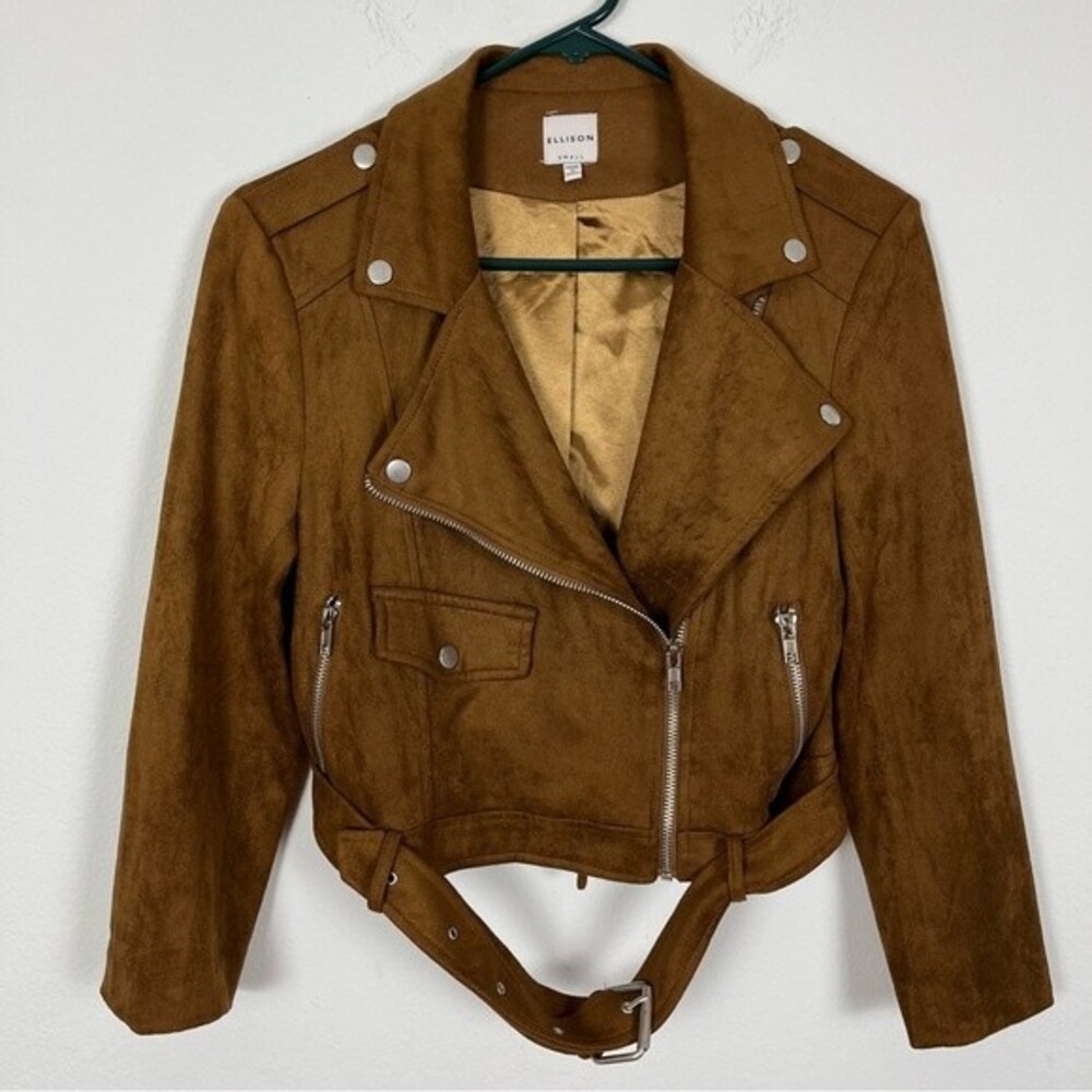 Ellison Faux Leather Brown Suede Moto Jacket- Waist Belt- Size Small